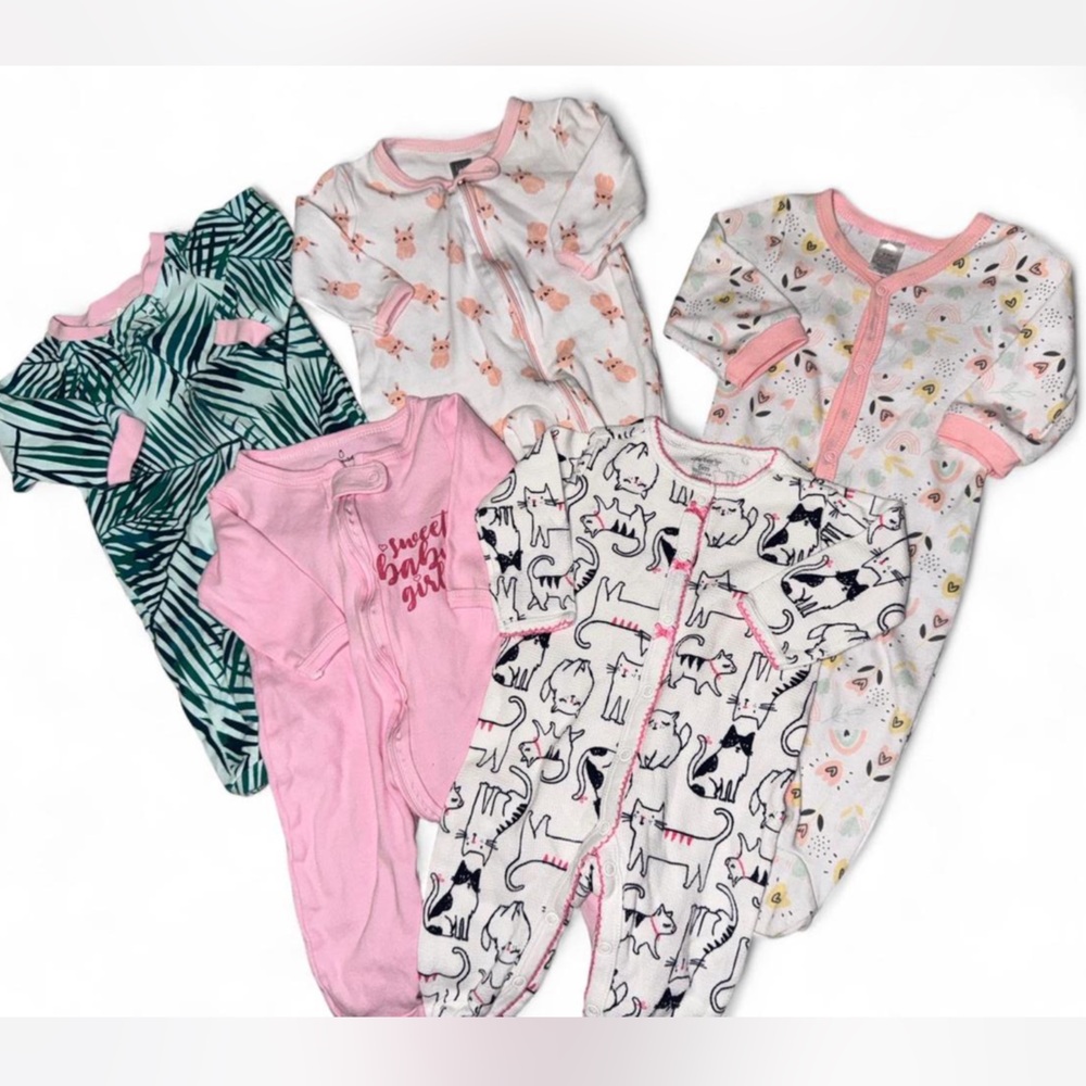 Lot 5 Kids Footies Set, different brands- Pink, Green, White size 6 months
